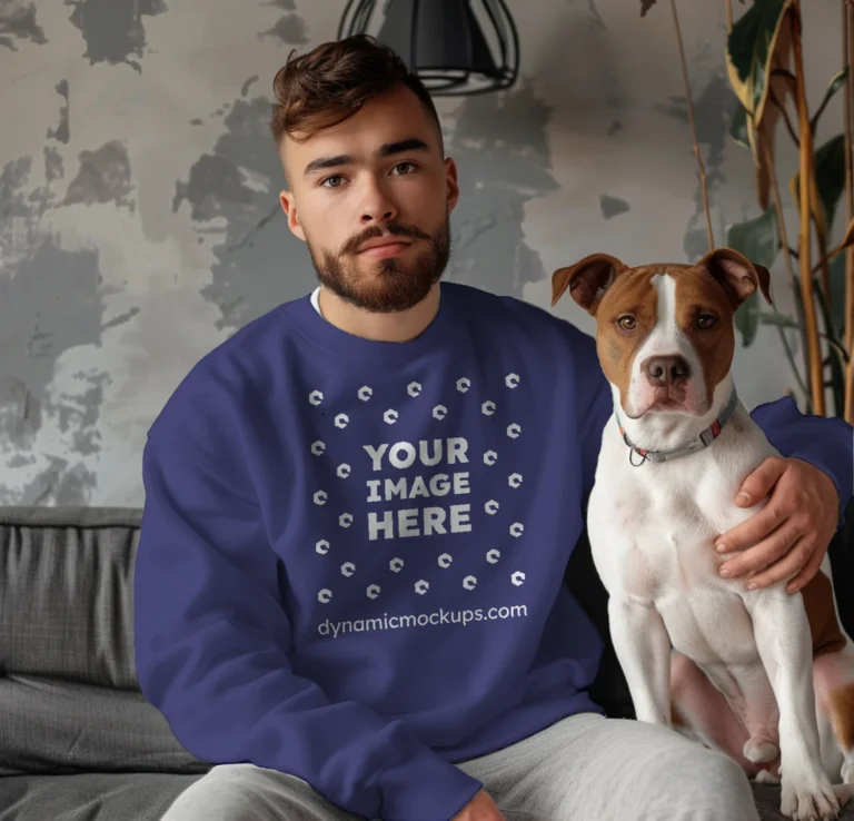 Man Wearing Navy Blue Sweatshirt Mockup Front View Template