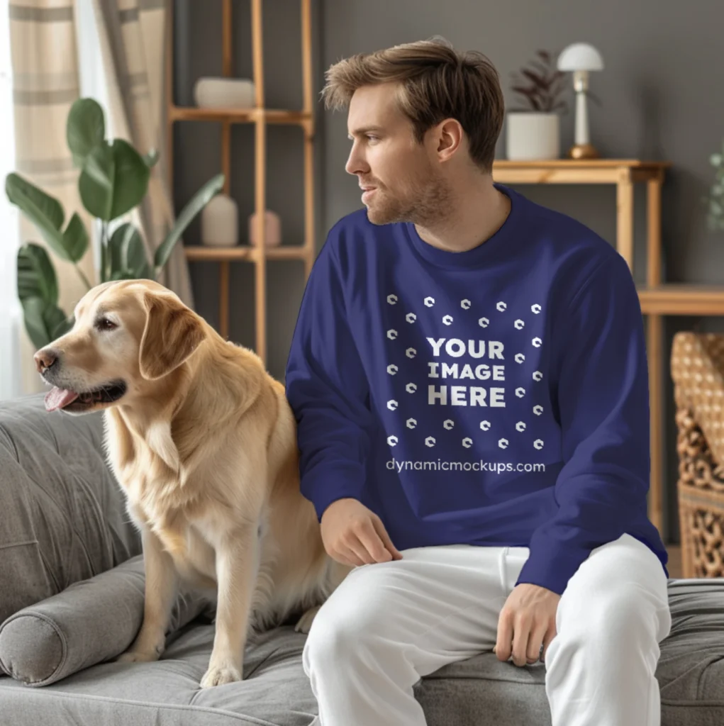 Man Wearing Navy Blue Sweatshirt Mockup Front View Template