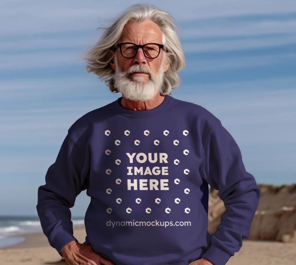 Man Wearing Navy Blue Sweatshirt Mockup Front View Template