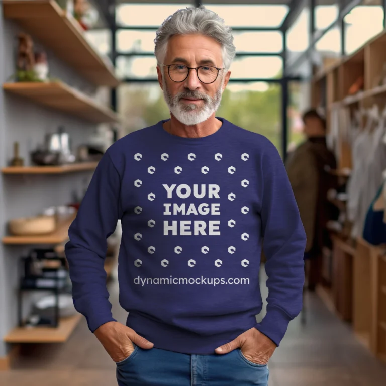 Man Wearing Navy Blue Sweatshirt Mockup Front View Template