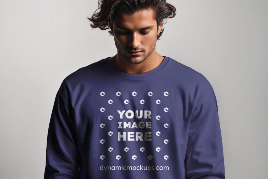 Man Wearing Navy Blue Sweatshirt Mockup Front View Template