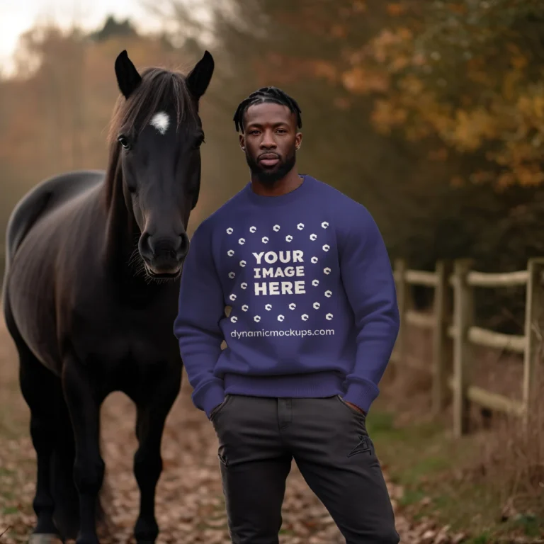 Man Wearing Navy Blue Sweatshirt Mockup Front View Template