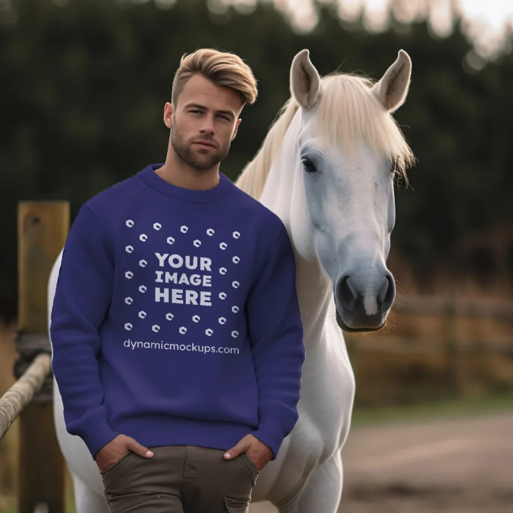 Man Wearing Navy Blue Sweatshirt Mockup Front View Template