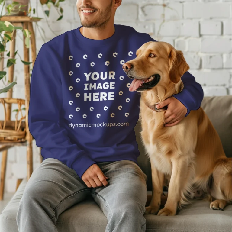 Man Wearing Navy Blue Sweatshirt Mockup Front View Template