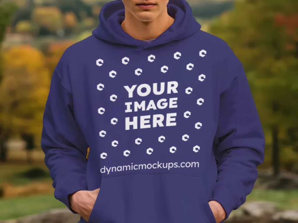 Man Wearing Navy Blue Hoodie Mockup Front View Template