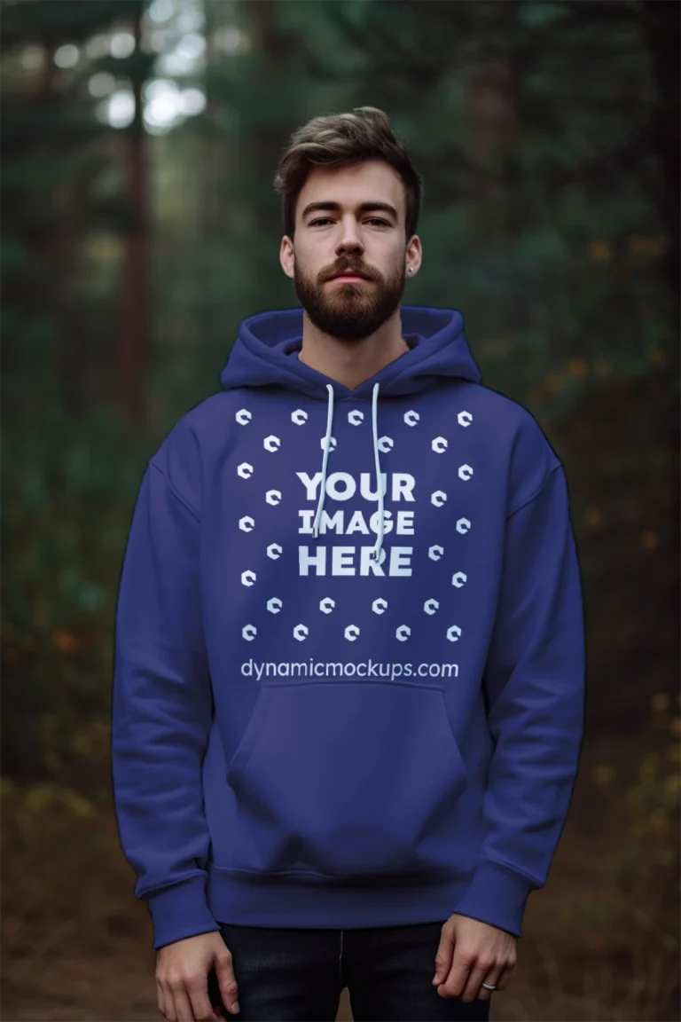 Man Wearing Navy Blue Hoodie Mockup Front View Template