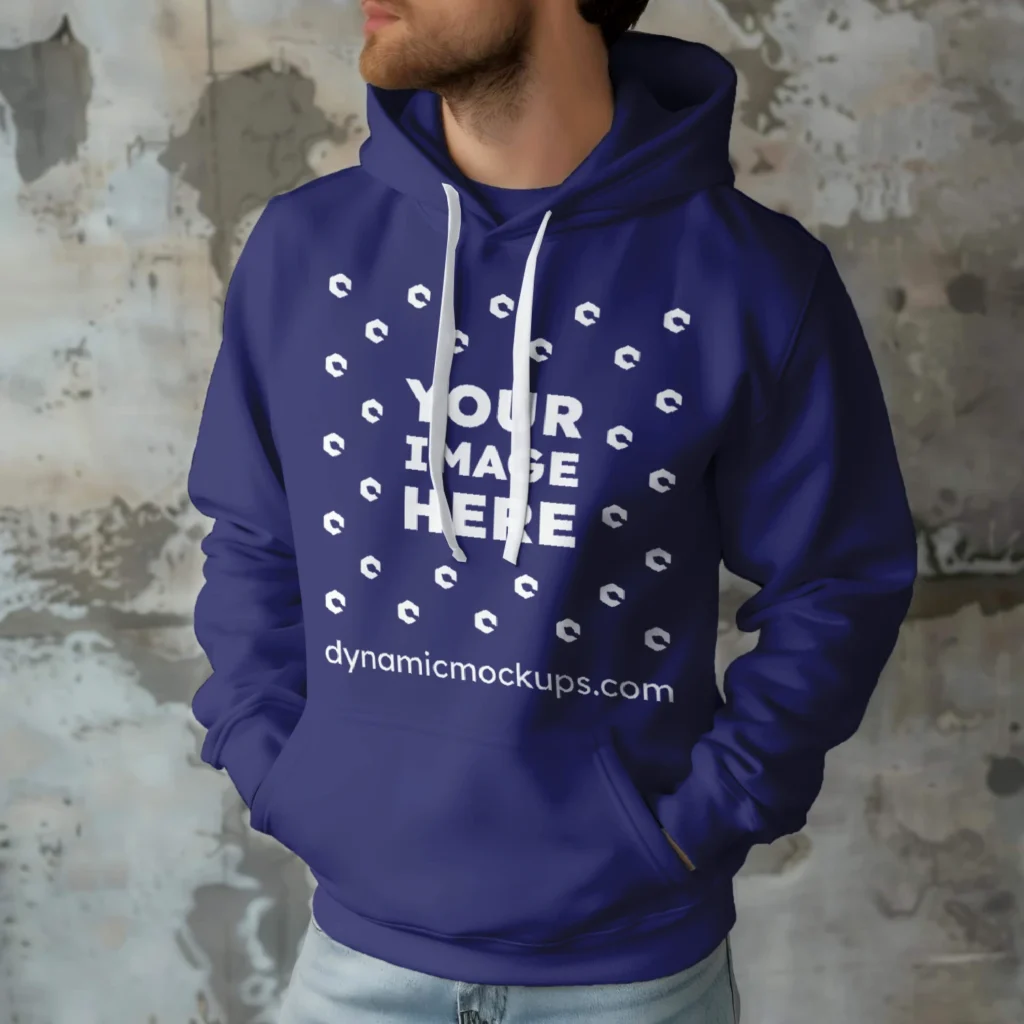 Man Wearing Navy Blue Hoodie Mockup Front View Template