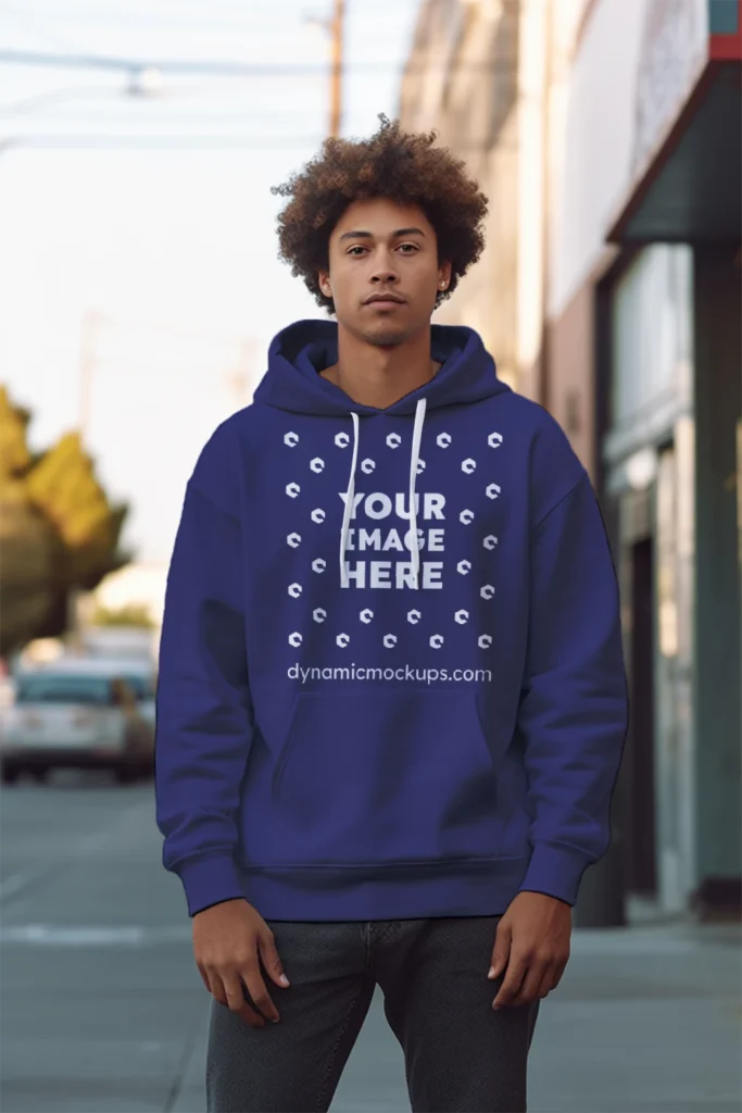 Man Wearing Navy Blue Hoodie Mockup Front View Template