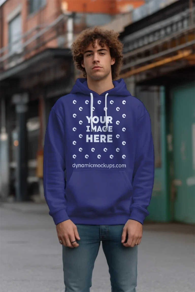 Man Wearing Navy Blue Hoodie Mockup Front View Template