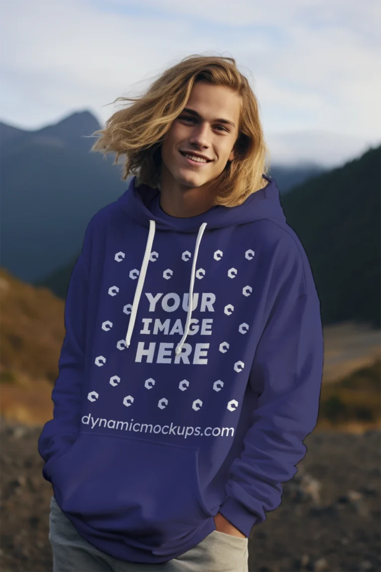 Man Wearing Navy Blue Hoodie Mockup Front View Template