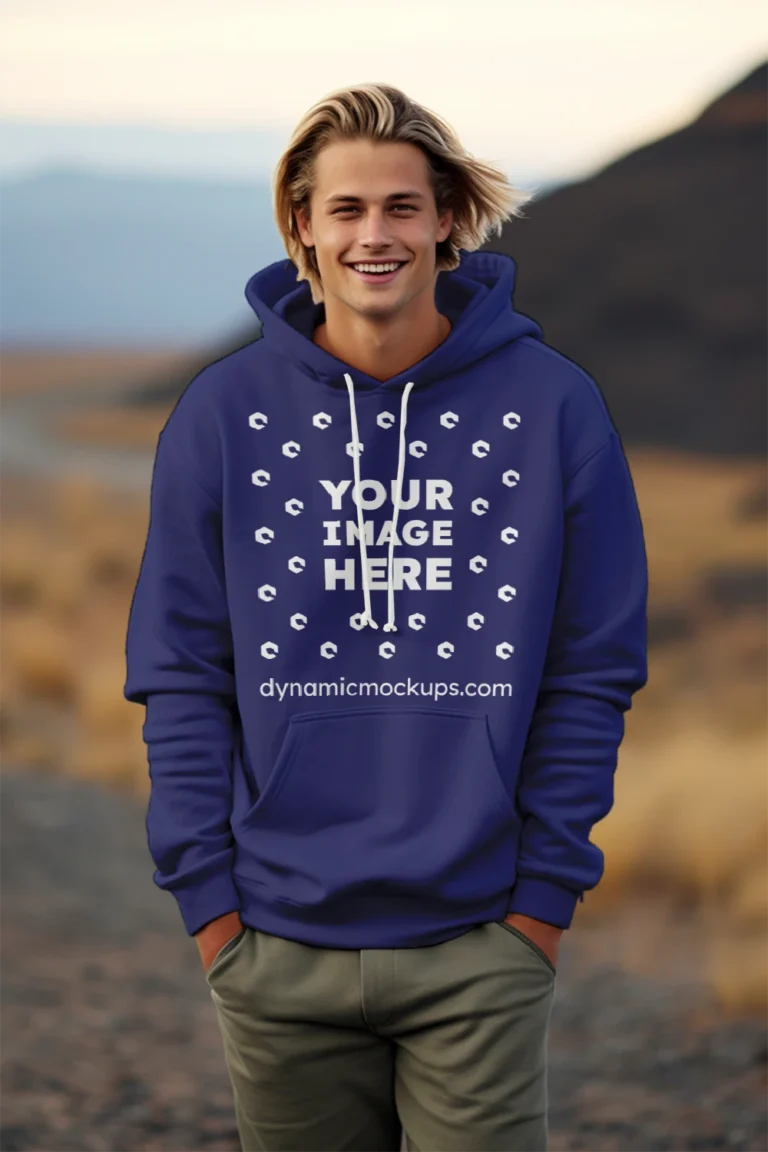 Man Wearing Navy Blue Hoodie Mockup Front View Template