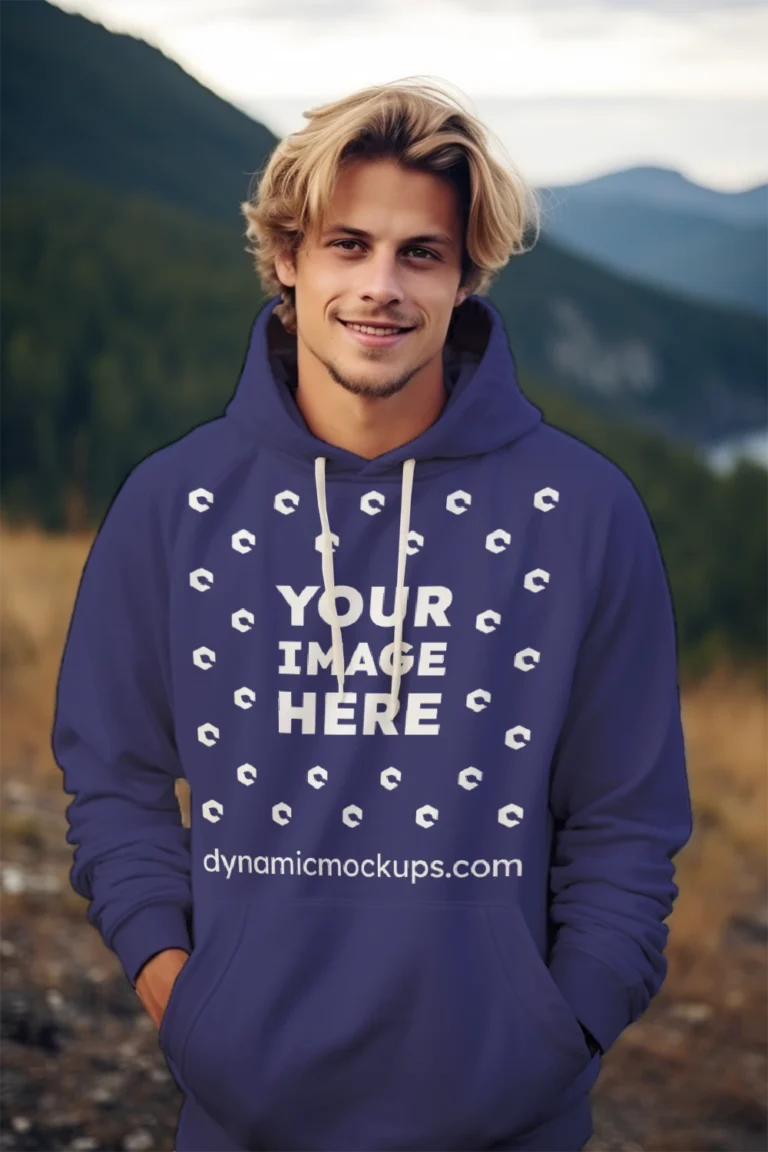 Man Wearing Navy Blue Hoodie Mockup Front View Template