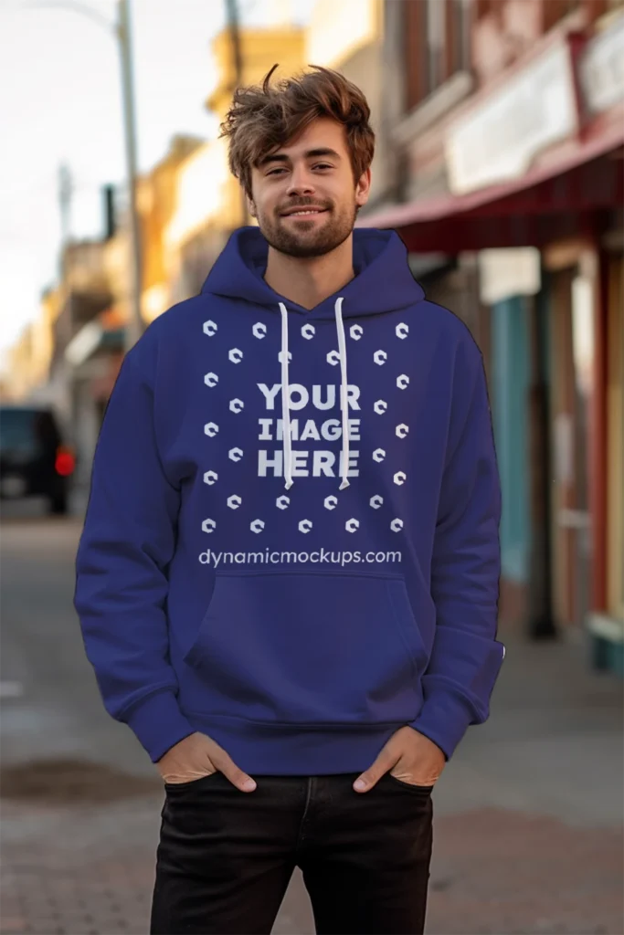 Man Wearing Navy Blue Hoodie Mockup Front View Template