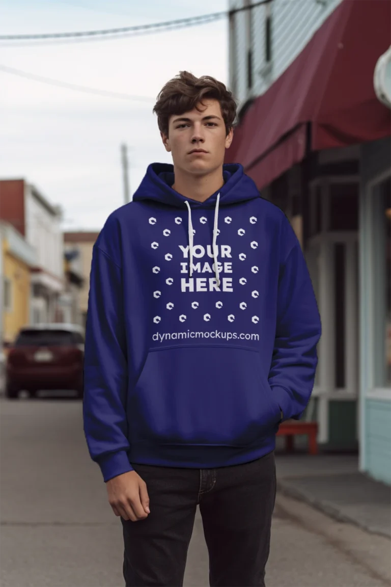 Man Wearing Navy Blue Hoodie Mockup Front View Template