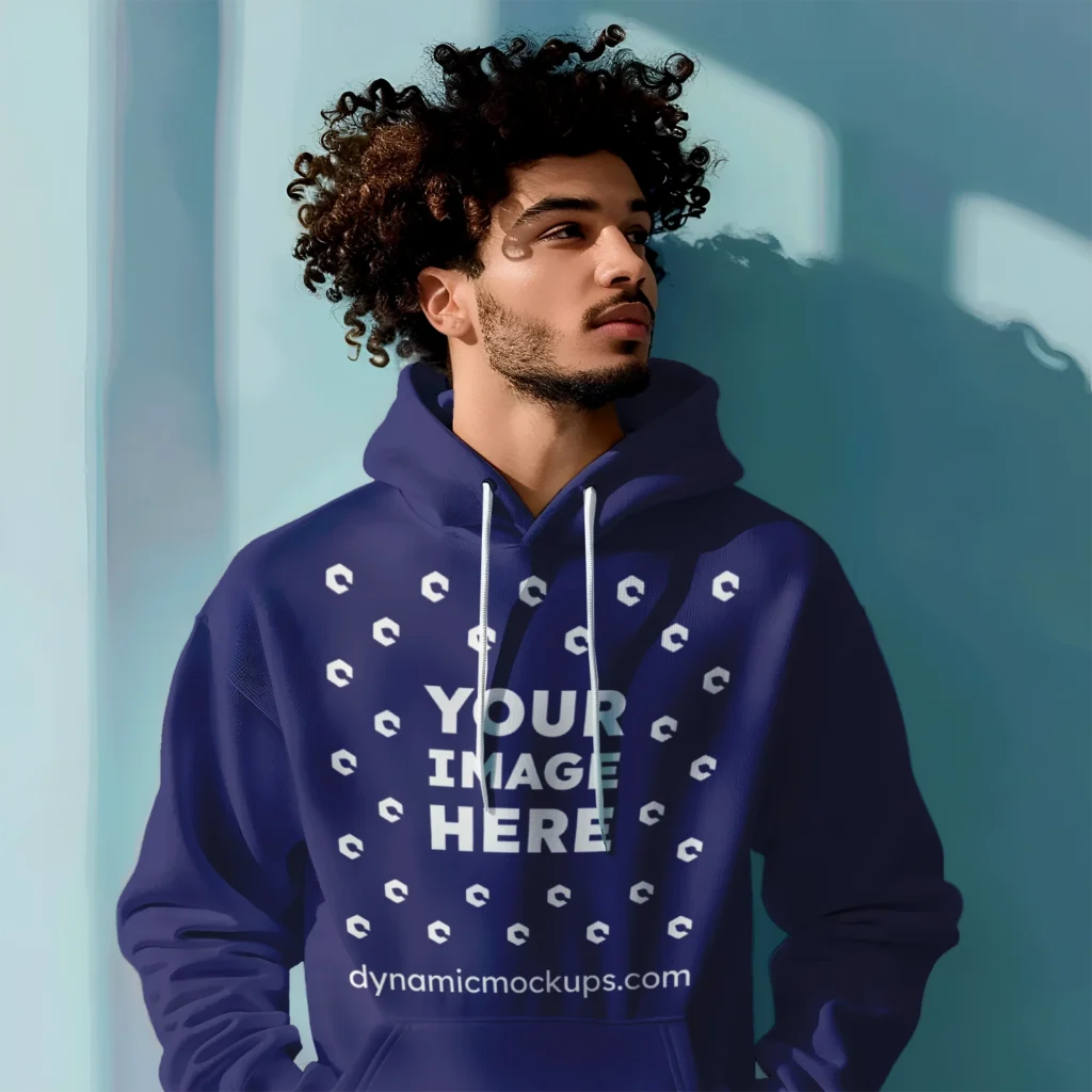 Man Wearing Navy Blue Hoodie Mockup Front View Template