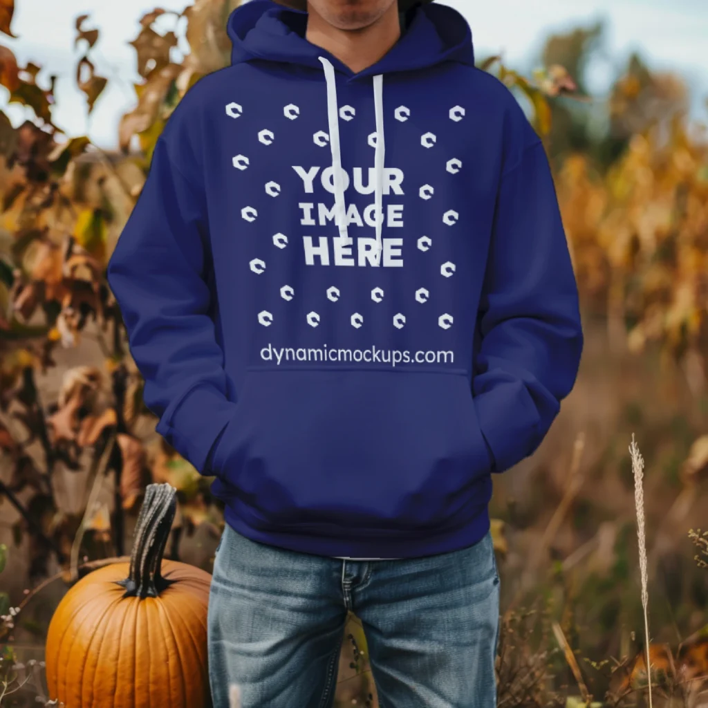 Man Wearing Navy Blue Hoodie Mockup Front View Template