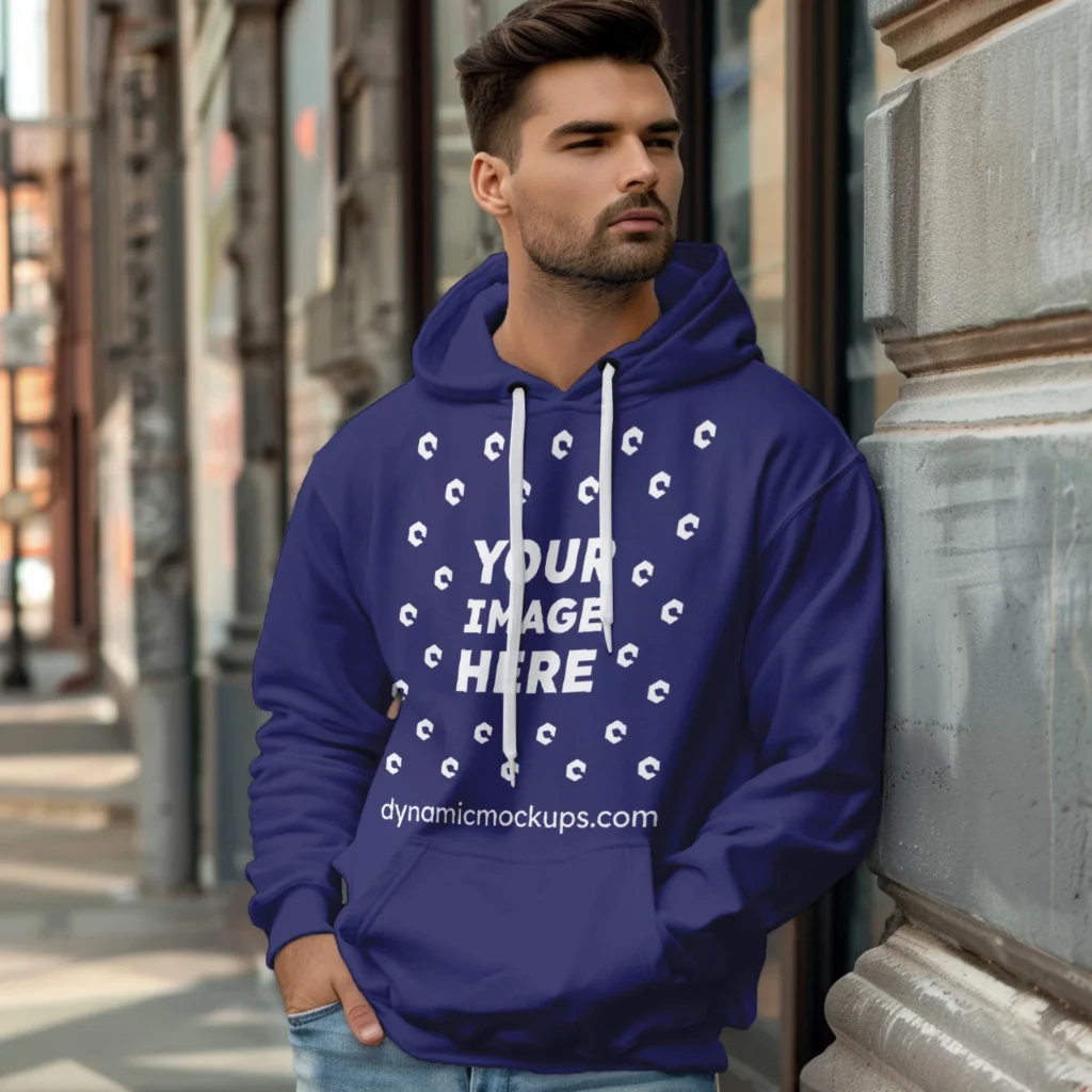 Man Wearing Navy Blue Hoodie Mockup Front View Template