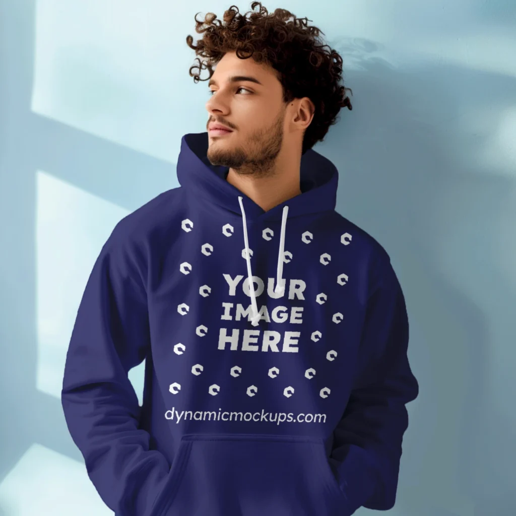 Man Wearing Navy Blue Hoodie Mockup Front View Template