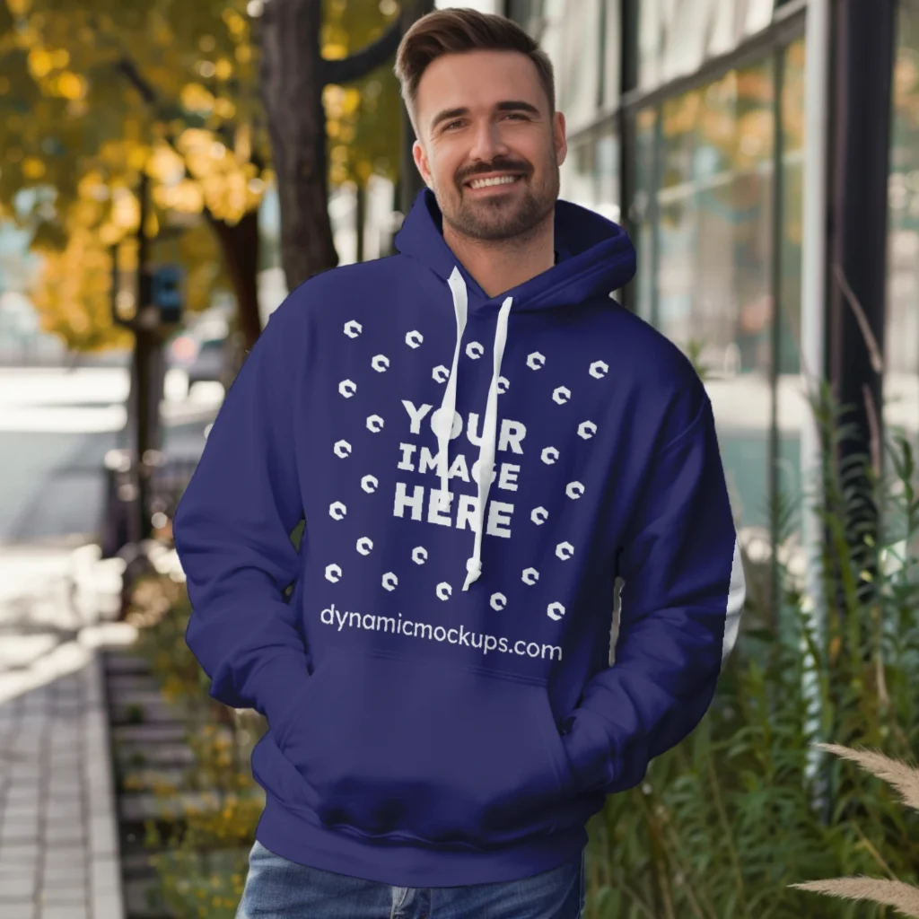 Man Wearing Navy Blue Hoodie Mockup Front View Template