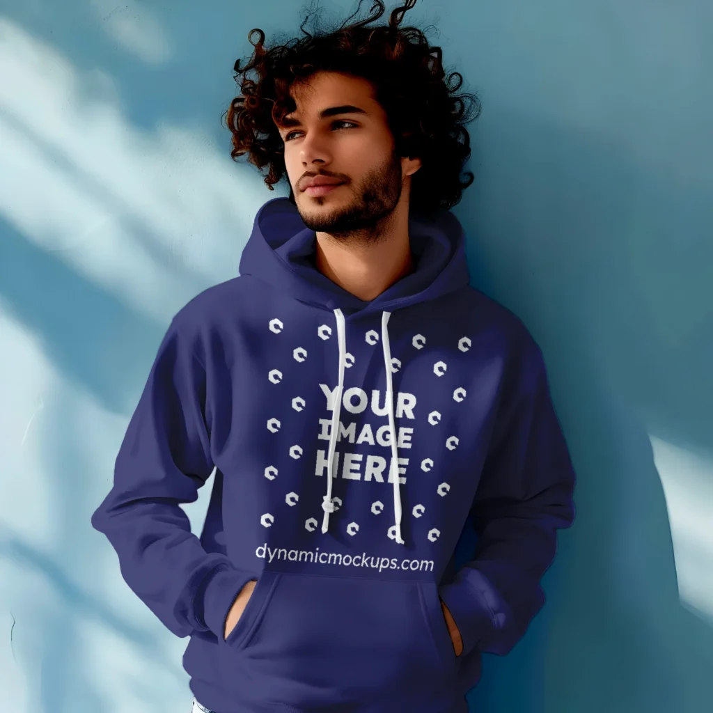 Man Wearing Navy Blue Hoodie Mockup Front View Template