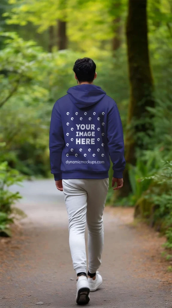 Man Wearing Navy Blue Hoodie Mockup Back View Template