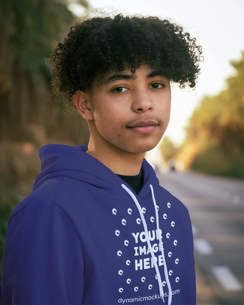 Man Wearing Navy Blue Hoodie Mockup Front View Template