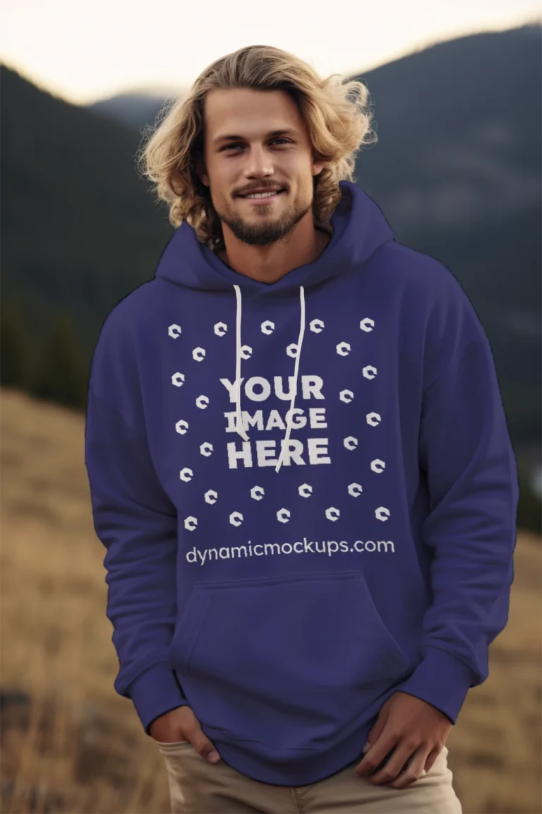 Man Wearing Navy Blue Hoodie Mockup Front View Template