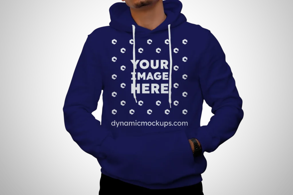 Man Wearing Navy Blue Hoodie Mockup Front View Template