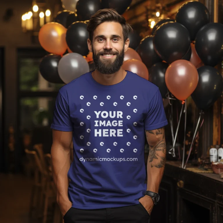 Man Wearing Navy Blue T-shirt Mockup Front View Template