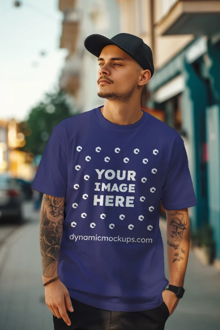 Man Wearing Navy Blue T-shirt Mockup Front View Template