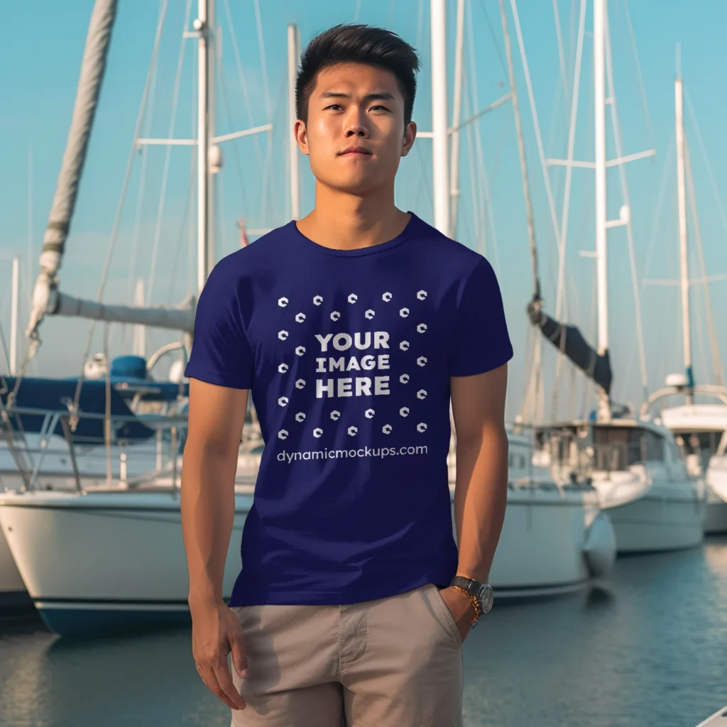 Man Wearing Navy Blue T-shirt Mockup Front View Template