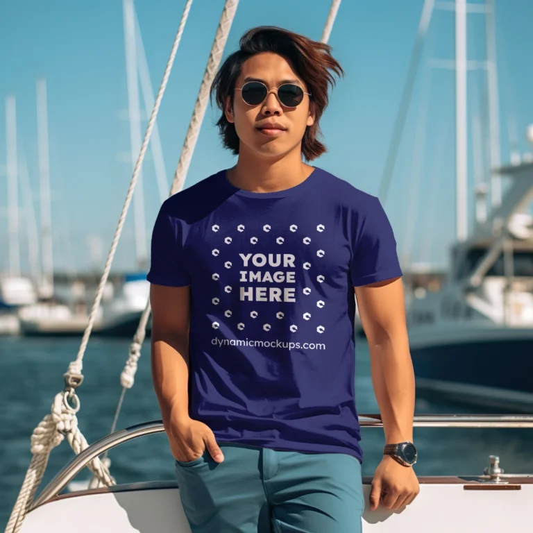 Man Wearing Navy Blue T-shirt Mockup Front View Template