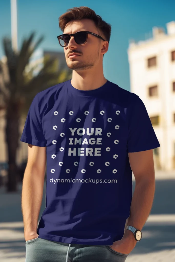 Man Wearing Navy Blue T-shirt Mockup Front View Template