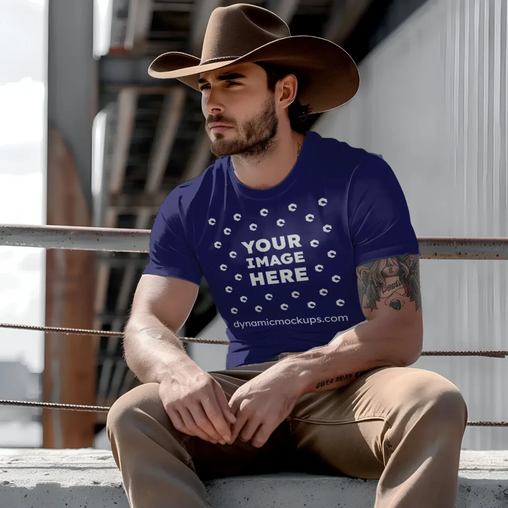 Man Wearing Navy Blue T-shirt Mockup Front View Template