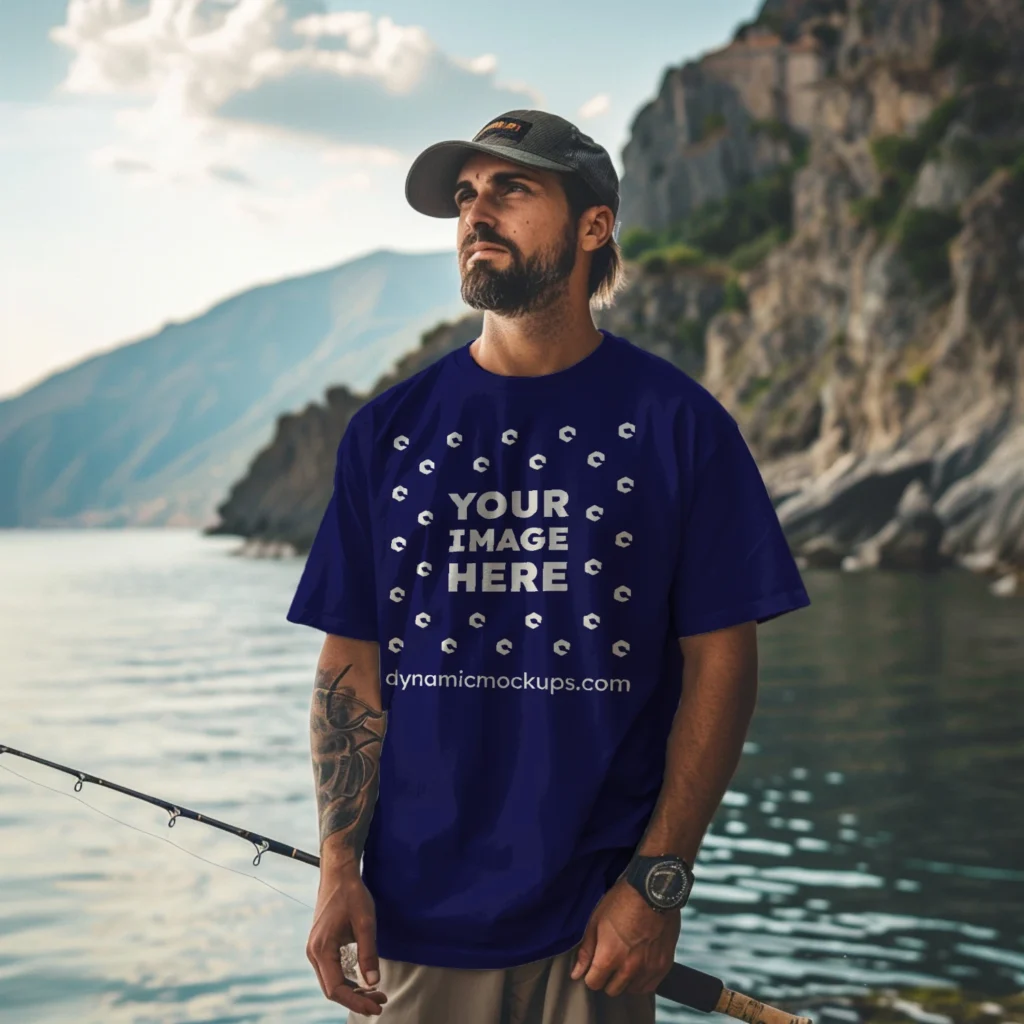 Man Wearing Navy Blue T-shirt Mockup Front View Template