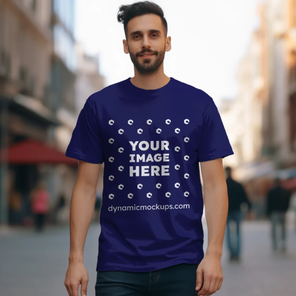 Man Wearing Navy Blue T-shirt Mockup Front View Template