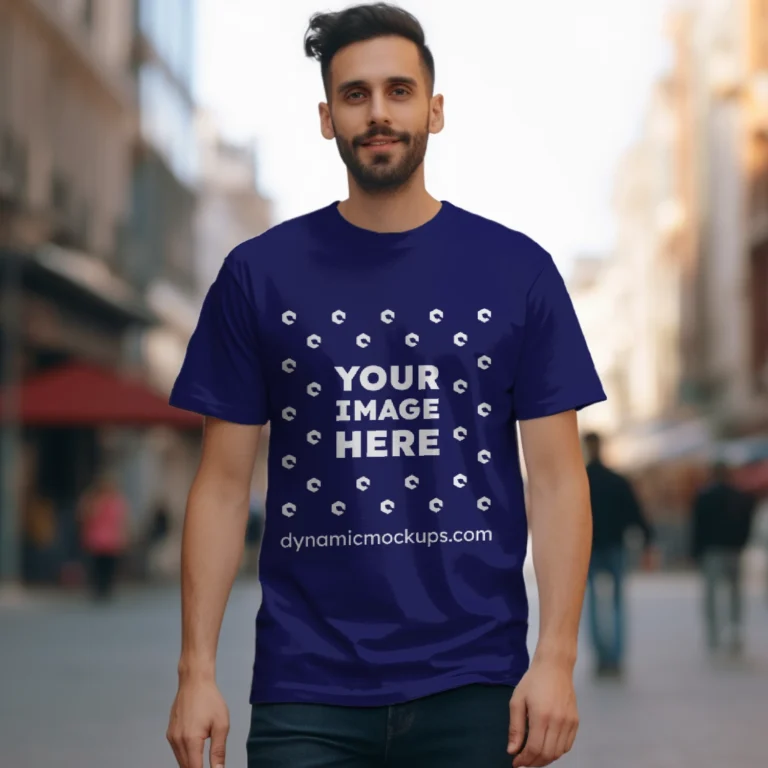 Man Wearing Navy Blue T-shirt Mockup Front View Template