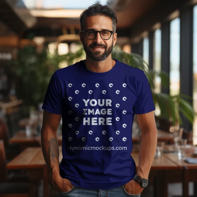 Man Wearing Navy Blue T-shirt Mockup Front View Template