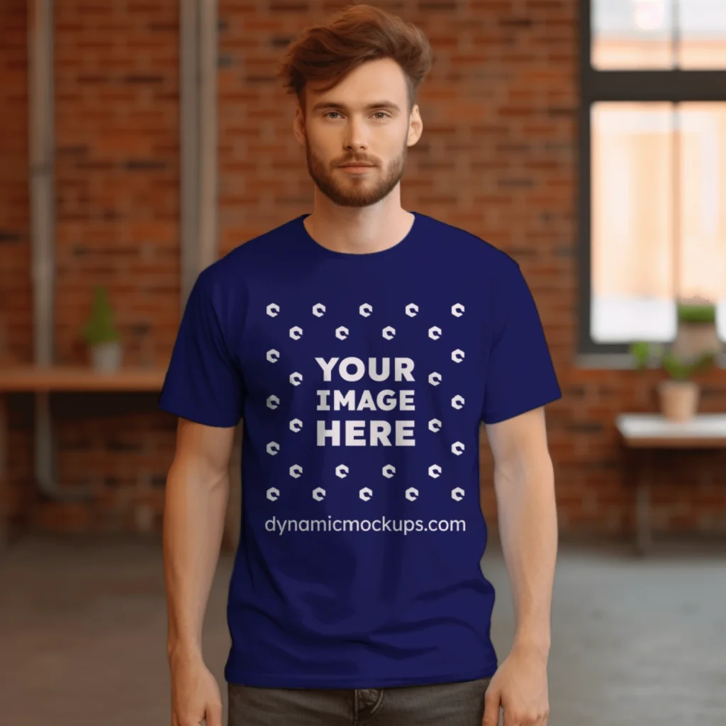 Man Wearing Navy Blue T-shirt Mockup Front View Template