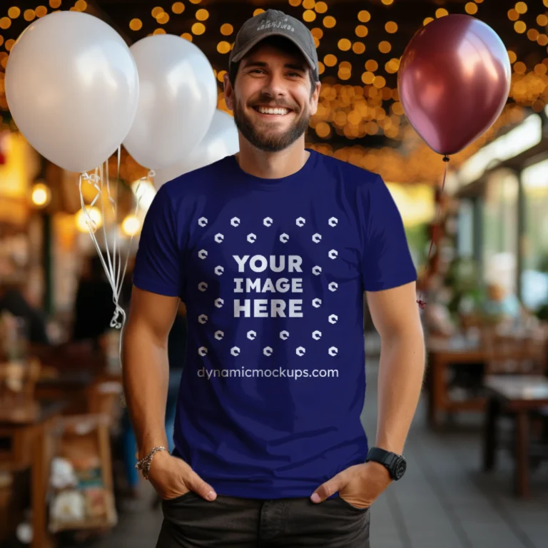 Man Wearing Navy Blue T-shirt Mockup Front View Template