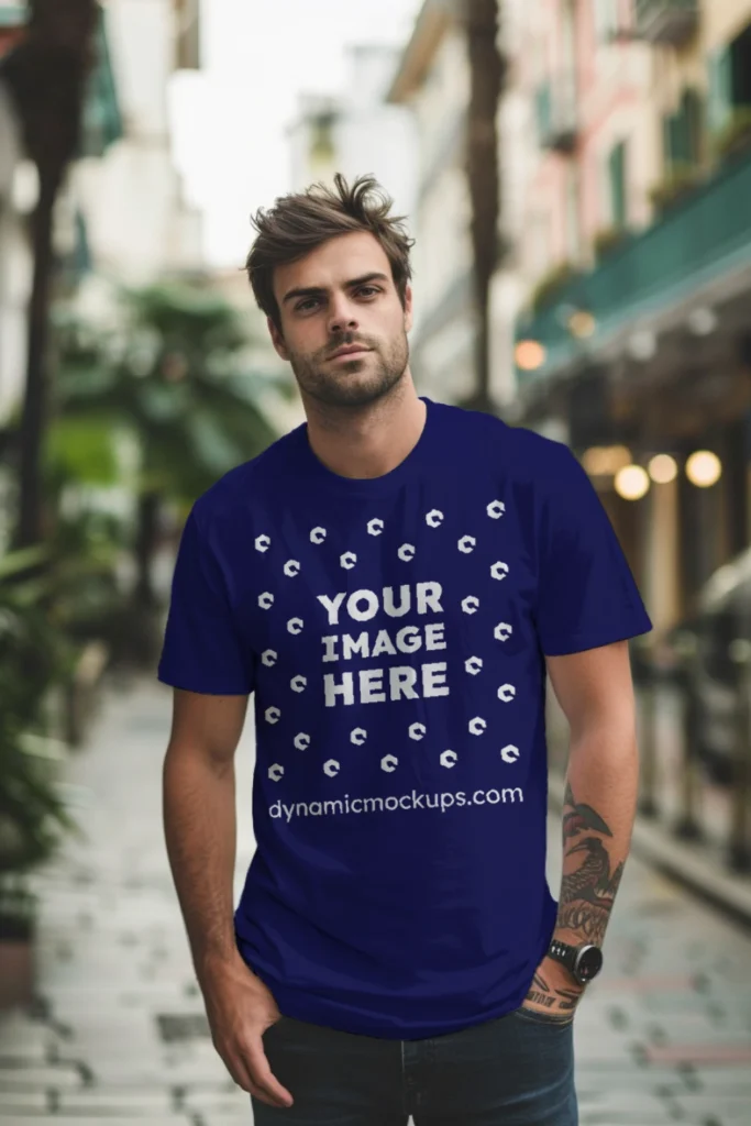 Man Wearing Navy Blue T-shirt Mockup Front View Template