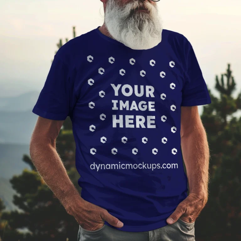 Man Wearing Navy Blue T-shirt Mockup Front View Template