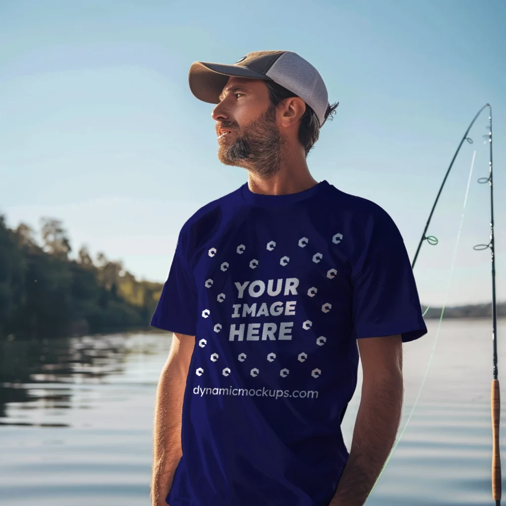 Man Wearing Navy Blue T-shirt Mockup Front View Template