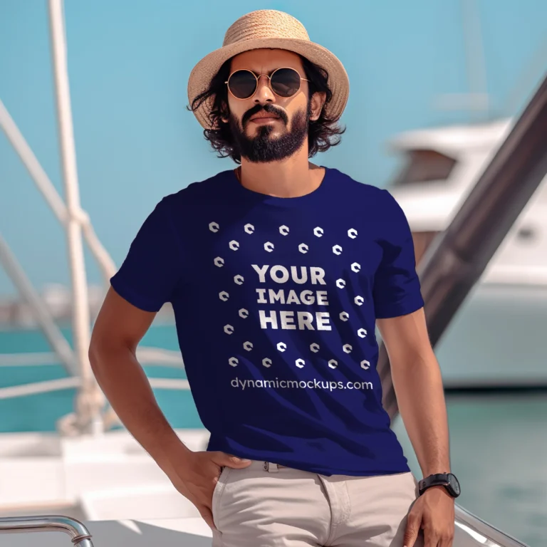 Man Wearing Navy Blue T-shirt Mockup Front View Template