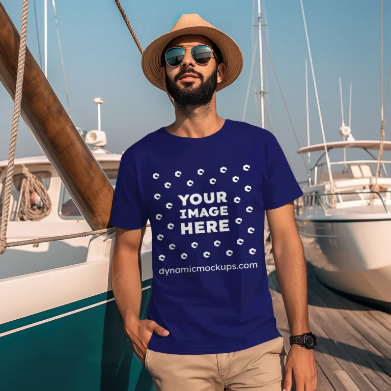 Man Wearing Navy Blue T-shirt Mockup Front View Template