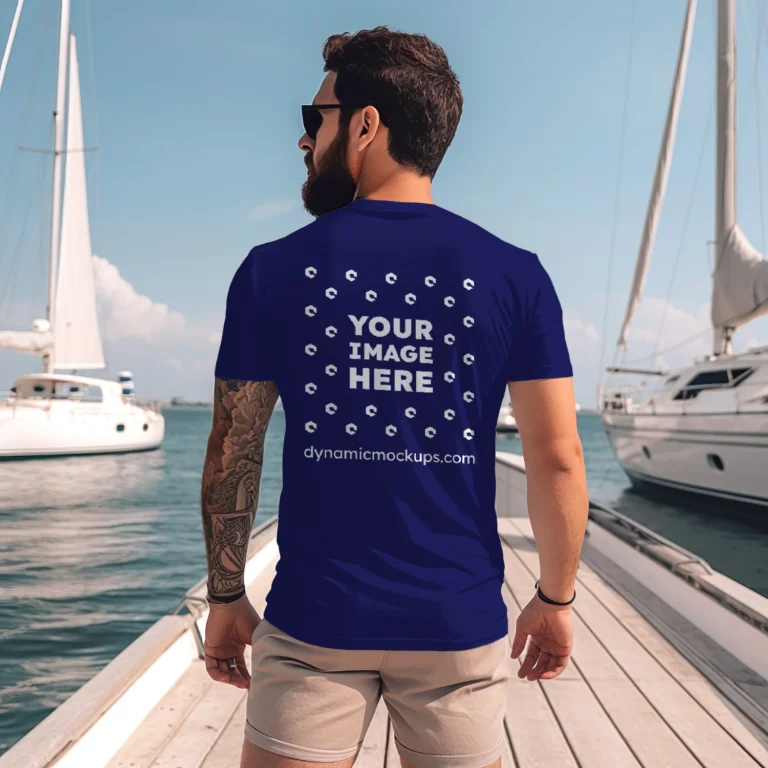 Man Wearing Navy Blue T-shirt Mockup Front View Template