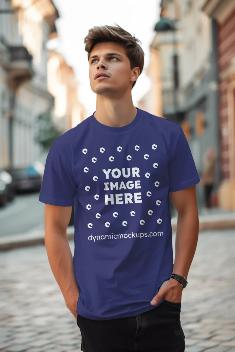 Man Wearing Navy Blue T-shirt Mockup Front View Template