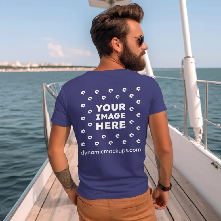 Man Wearing Navy Blue T-shirt Mockup Back View Template