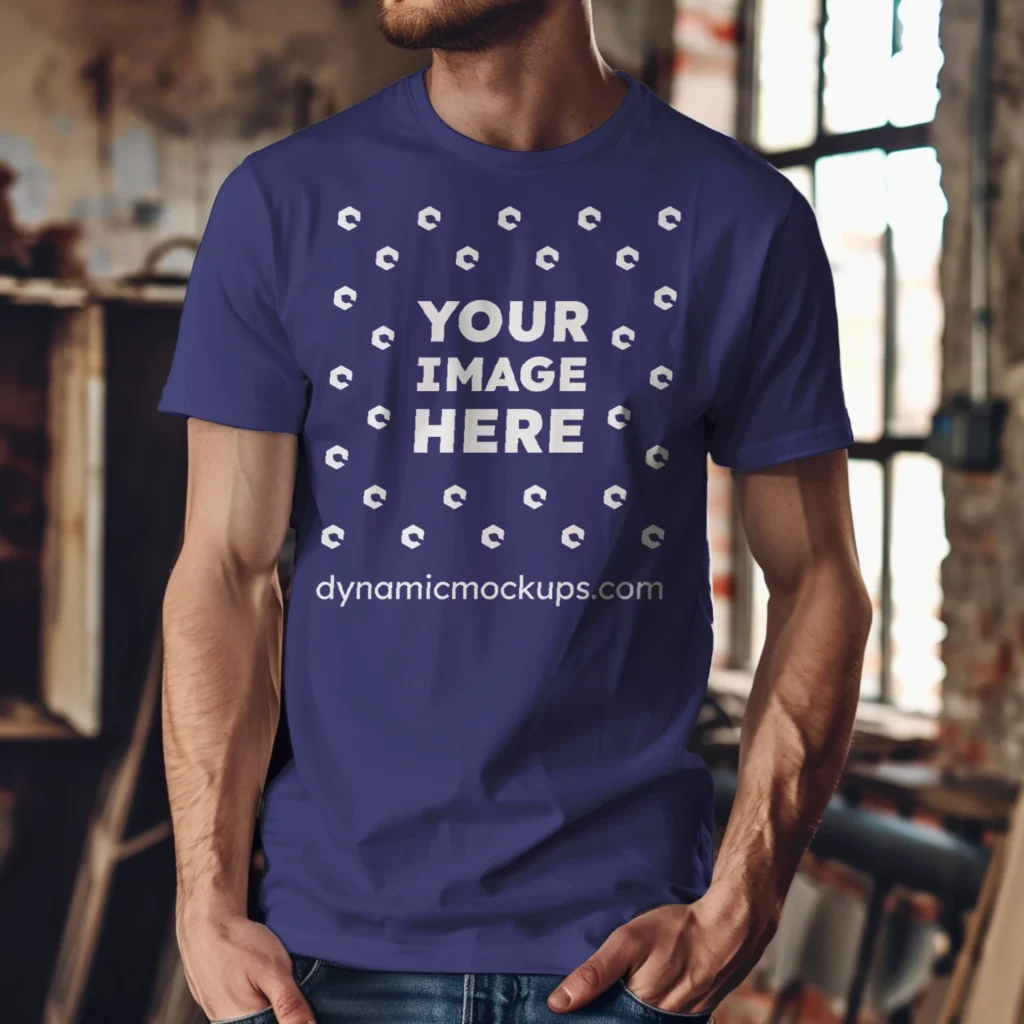 Man Wearing Navy Blue T-shirt Mockup Front View Template