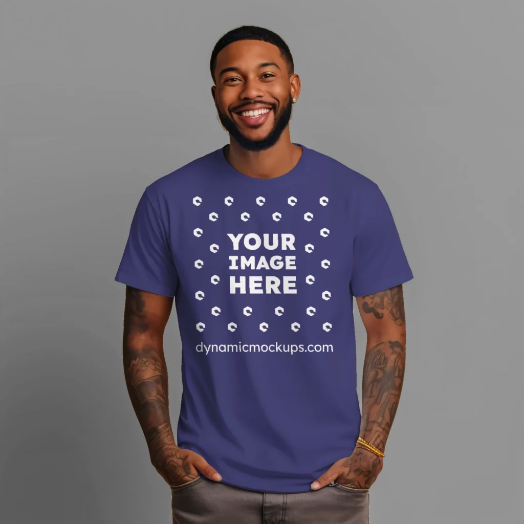 Man Wearing Navy Blue T-shirt Mockup Front View Template